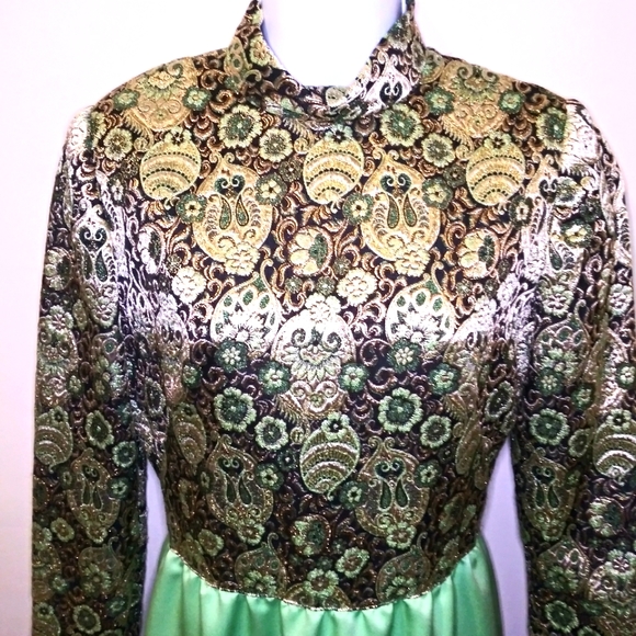 Vintage One-Of-A-Kind Handsewn Black Gold/Mint Lame´ Bodice Long Cocktail Dress - Picture 4 of 16